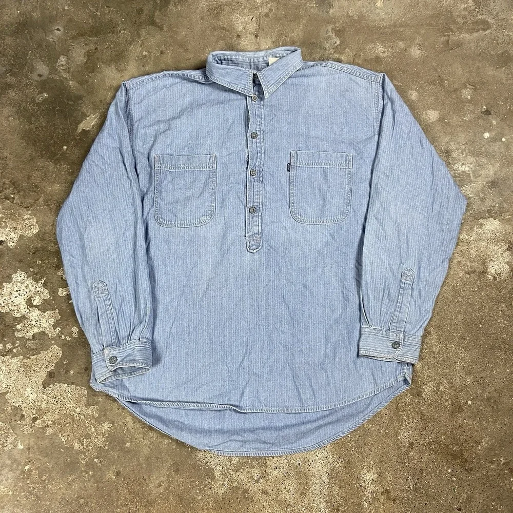 Vintage 80s Levi's Popover Shirt Size XL Blue Herringbone Pullover Workwear